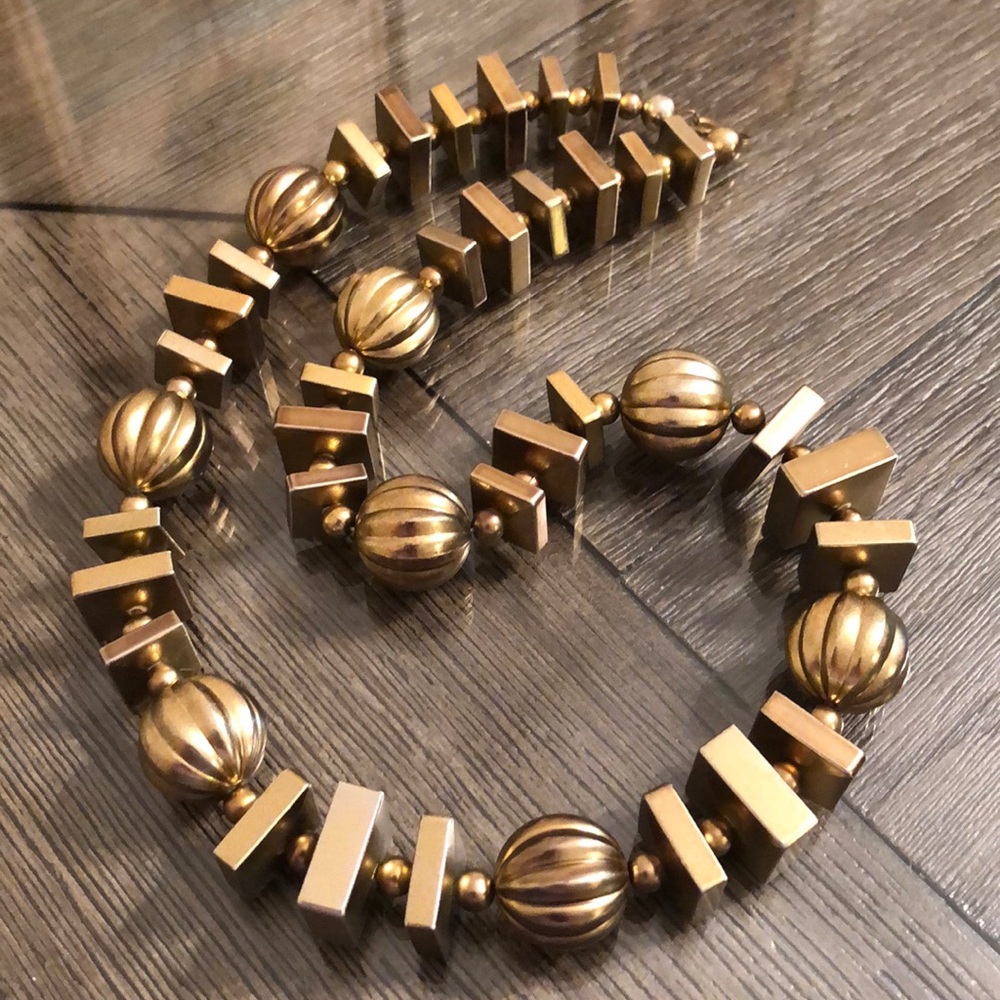 Vintage Brassy Gold-tone Square & Bead Necklace